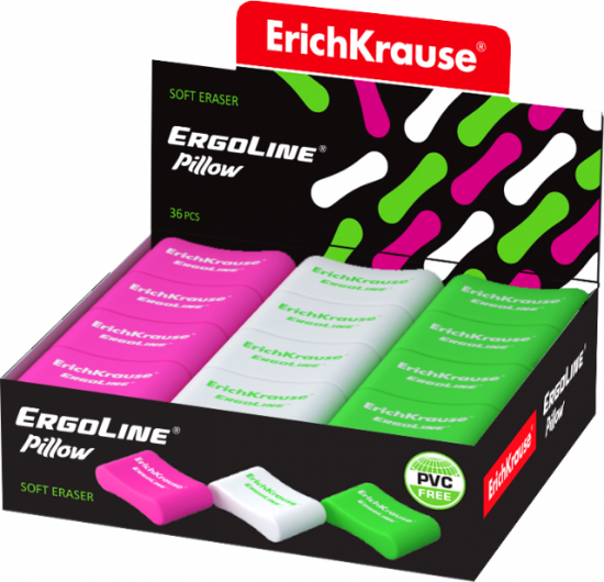 Poza cu Radiera ERGOLINE 33x21x8mm,  dreptunghiulare culori neon alb,verde,magenta, cauciuc ecologic si hipoalergenic, nu contine PVC, display 36 buc