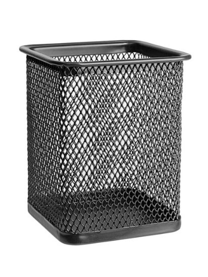 Poza cu Suport instrumente de scris, forma patrata, material metalic, culoare neagra. Dimensiune: 80 x 80x95 mm.