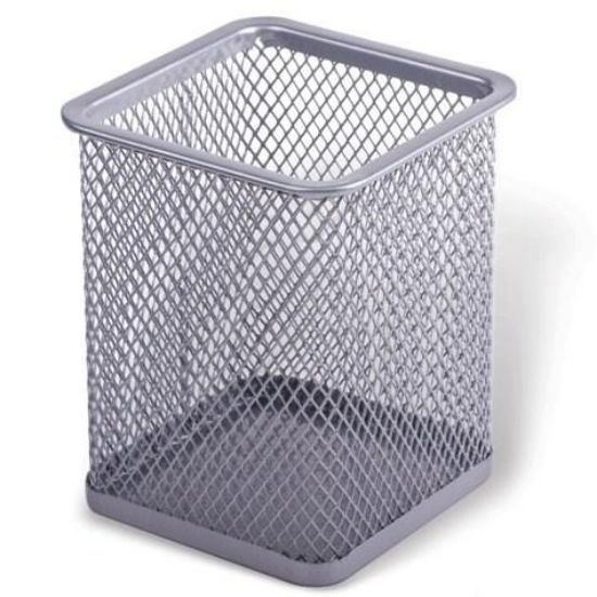 Poza cu Suport instrumente de scris, forma patrata, material metalic, culoare argintiu. Dimensiune: 80 x 80x95 mm.