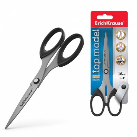 Poza cu Foarfeca TOP MODEL, metalica cu manere imbracate in cauciuc. Lamelele sunt curbate pentru o eficacitate mai mare si rezistenta. Dimensiune 16 cm.