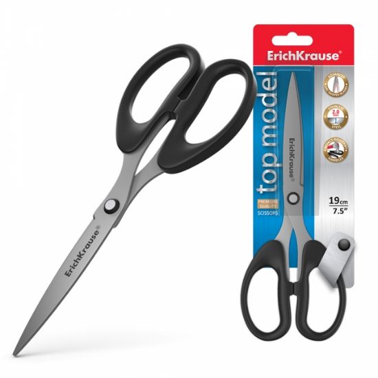 Poza cu Foarfeca TOP MODEL, metalica cu manere imbracate in cauciuc. Lamelele sunt curbate pentru o eficacitate mai mare si rezistenta. Dimensiune 19cm.