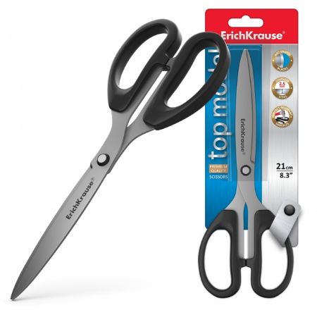 Poza cu Foarfeca TOP MODEL, metalica cu manere imbracate in cauciuc. Lamelele sunt curbate pentru o eficacitate mai mare si rezistenta. Dimensiune 21cm.