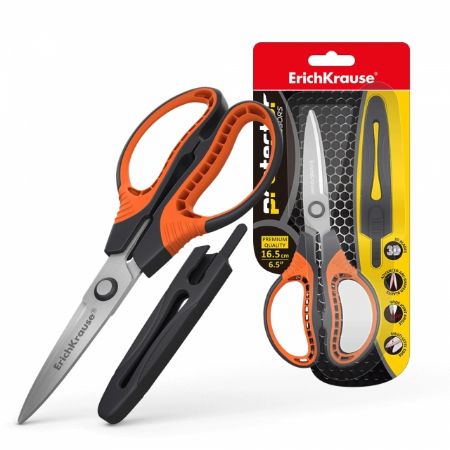 Poza cu Foarfeca cu teaca de protectie a lamei. Dimensiune 16.5cm. Lamelele sunt curbate pentru o eficacitate mai mare la taiere.