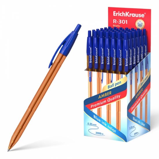 Poza cu Pix R-301 Amber cu mecanism, corp portocaliu transparent, mina cu dimensiunea de 0.7mm. Culoare mina albastra, 50buc/display