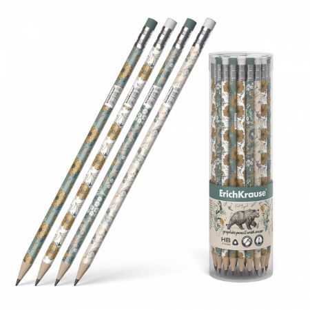 Poza cu Creioane graphite cu radiera, corp triunghiular, desene flori. 42buc/borcan.