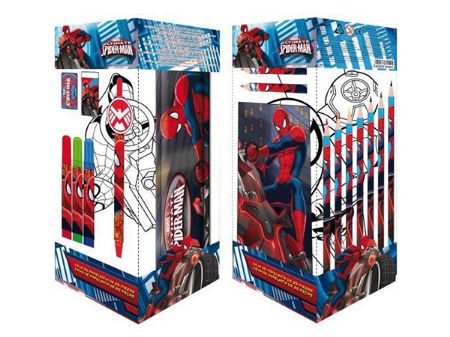 Poza cu Set scolar 25 piese, contine: penar metalic 20cm, creioane cerate, creioane color, rigla 15cm, pix automatic, carnetel, ascutitoare, radiera, carioci, 5 coli pt colorat SPIDERMAN