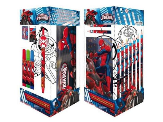 Poza cu Set scolar 25 piese, contine: penar metalic 20cm, creioane cerate, creioane color, rigla 15cm, pix automatic, carnetel, ascutitoare, radiera, carioci, 5 coli pt colorat SPIDERMAN