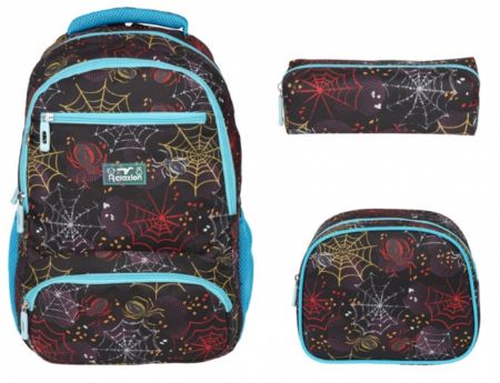 Poza cu SET RELAXION compus din ghiozdan cu 2 compartimente si 2 buzunare exterioare cu fermoar, Penar si Borseta. Dimensiunile ghiozdanului sunt 43 x 32 x 23cm