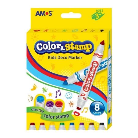 Poza cu Carioci colorate Amos CS8P, 2 capete, 8 culori, cu stampile, blister carton