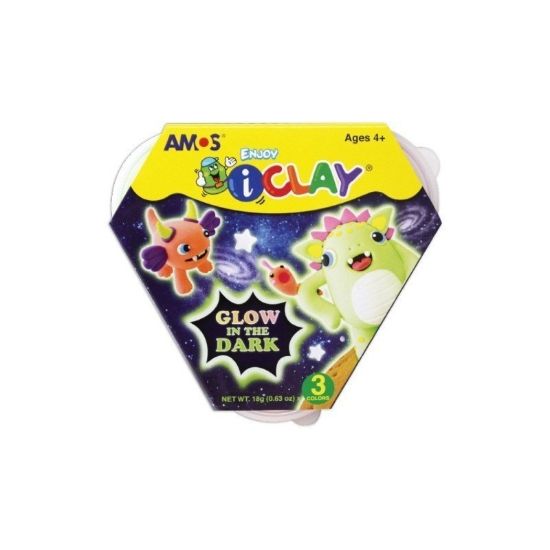 Poza cu Plastilina Amos iClay IC18P3-GD, 18g, roz fosforescent, verde fosforescent, portocaliu fosforescent, set 3 culori