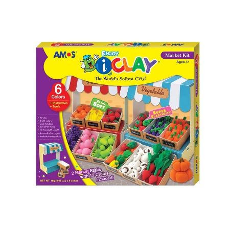 Poza cu Plastilina Amos iClay IC18P6-MK, 6x18g, alb, verde, rosu, portocaliu, violet, cu accesorii Market Kit, set 6 culori