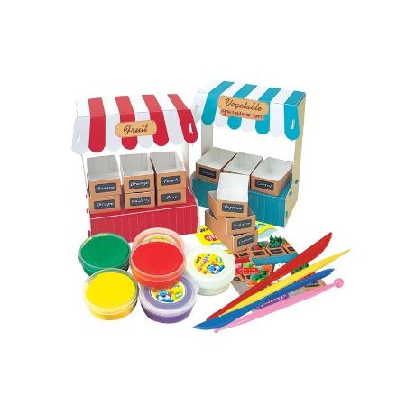 Poza cu Plastilina Amos iClay IC18P6-MK, 6x18g, alb, verde, rosu, portocaliu, violet, cu accesorii Market Kit, set 6 culori