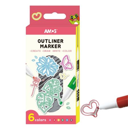 Poza cu Set 6x Marker Outliner Amos, pe baza de alcool, varf rotund, argintiu cu contur colorat