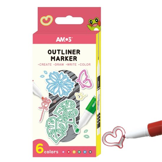 Poza cu Set 6x Marker Outliner Amos, pe baza de alcool, varf rotund, argintiu cu contur colorat