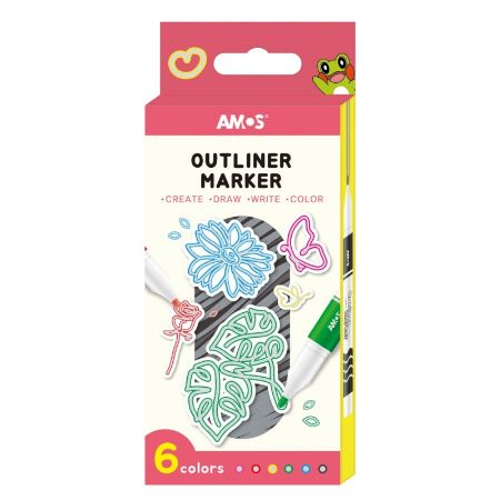 Poza cu Set 6x Marker Outliner Amos, pe baza de alcool, varf rotund, argintiu cu contur colorat