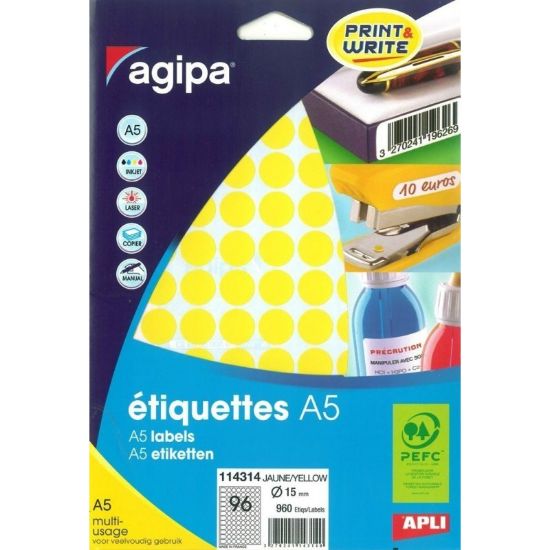Poza cu Etichete autocolante Agipa 114314, 96/A5, 15mm, permanente, rotund, galben, top 10 coli (960 etichete)