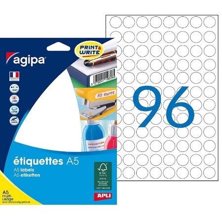Poza cu Etichete autocolante Agipa 114002, 96/A5, 15mm, permanente, rotund, alb, top 16 coli (1536 etichete)