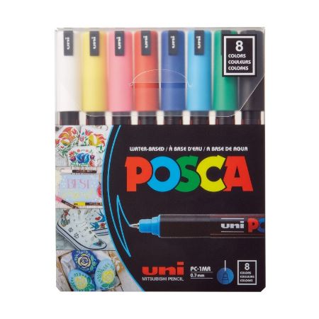 Poza cu Marker UNI Posca PC-1MR, varf fin metalic, 0.7mm, set 8 culori