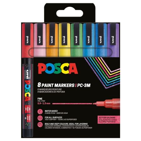 Poza cu Marker UNI Posca PC-3ML, varf rotund, 0.9-1.3mm, set 8 culori cu sclipici