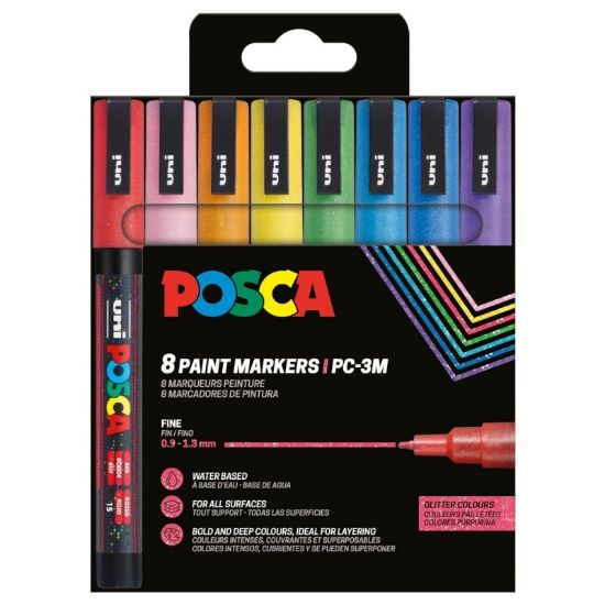 Poza cu Marker UNI Posca PC-3ML, varf rotund, 0.9-1.3mm, set 8 culori cu sclipici