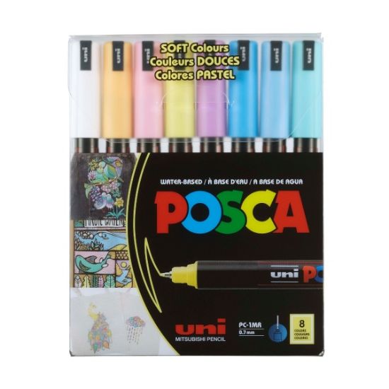 Poza cu Marker UNI Posca PC-1MR, varf fin metalic, 0.7mm, set 8 culori pastel