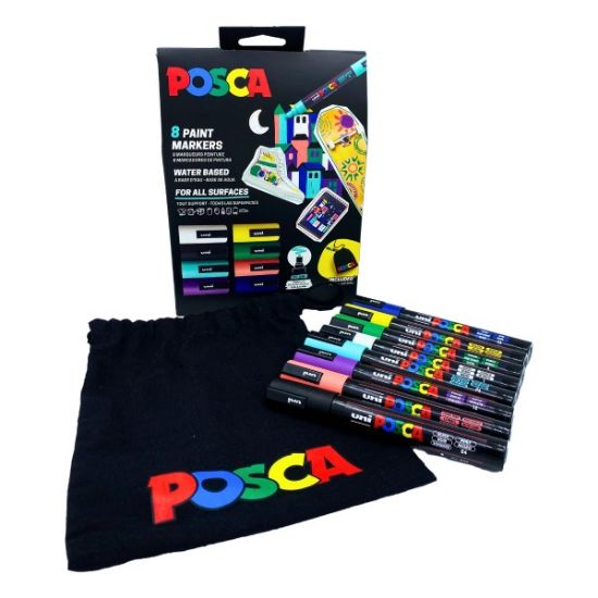 Poza cu Set 8x Marker UNI Posca PC-5M, varf rotund, 1.8-2.5mm, cutie carton + saculet textil