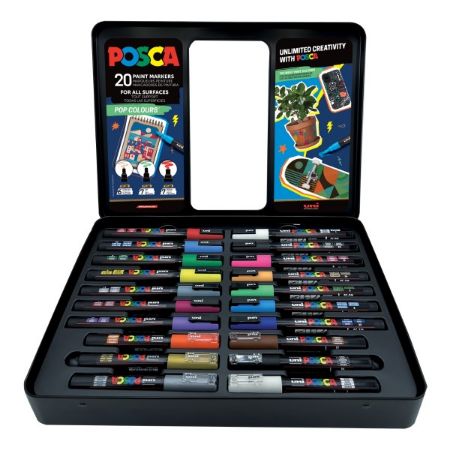 Poza cu Set 20x Marker UNI Posca POP Colours, cutie metalica (6x PC-1M, 7x PC-3M, 7x PC-5M)