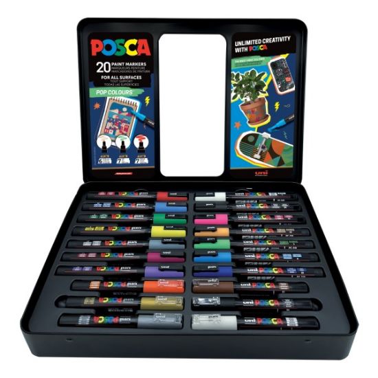 Poza cu Set 20x Marker UNI Posca POP Colours, cutie metalica (6x PC-1M, 7x PC-3M, 7x PC-5M)