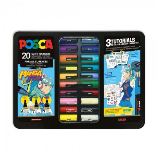 Poza cu Set 20x Marker UNI Posca Manga Hero, cutie metalica (6x PC-1M, 7x PC-3M, 7x PC-5M)