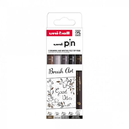Poza cu Set 5x Liner UNI PIN-200 ASP014, pe baza de apa, varf pensula + pensula extra-fin, negru, gri deschis, gri inchis, sepia