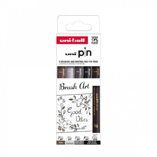 Poza cu Set 5x Liner UNI PIN-200 ASP014, pe baza de apa, varf pensula + pensula extra-fin, negru, gri deschis, gri inchis, sepia