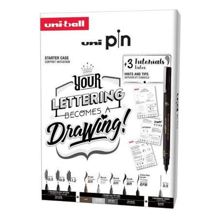 Poza cu Set UNI PIN Lettering Starter Case, 8 linere + 1 creion mecanic Shalaku S + 3 sabloane