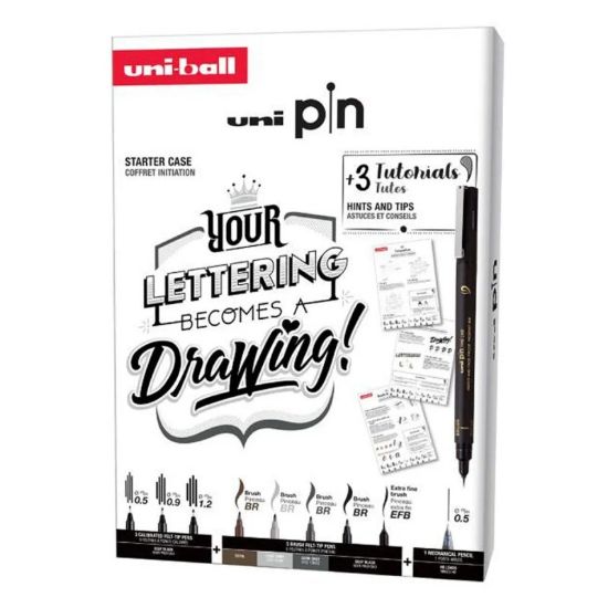 Poza cu Set UNI PIN Lettering Starter Case, 8 linere + 1 creion mecanic Shalaku S + 3 sabloane