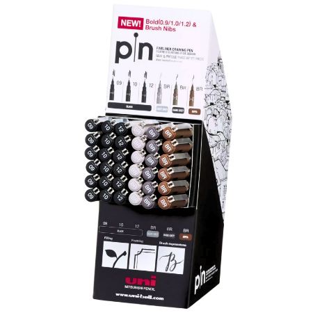 Poza cu Display 72x Liner UNI PIN-200, pe baza de apa, 36x varf 0.9-1.2mm + 36x pensula, negru, gri deschis, gri inchis, sepia