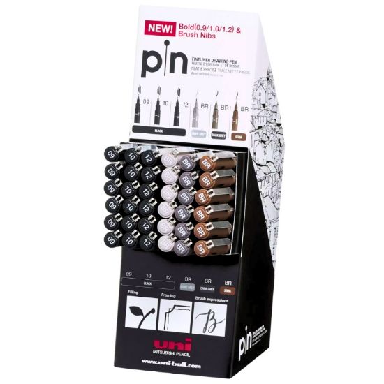 Poza cu Display 72x Liner UNI PIN-200, pe baza de apa, 36x varf 0.9-1.2mm + 36x pensula, negru, gri deschis, gri inchis, sepia
