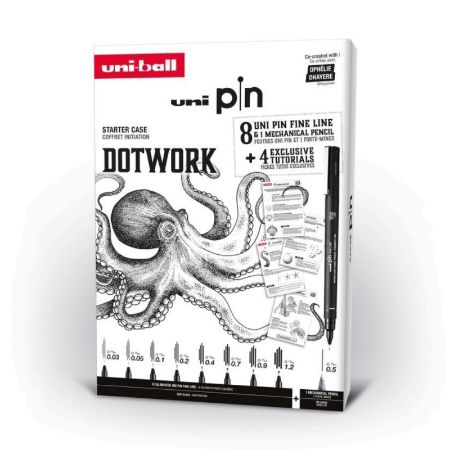 Poza cu Set cadou 8x Liner UNI PIN-200 DOTWORK, 1 creion mecanic 0.5, 4 tutoriale carton