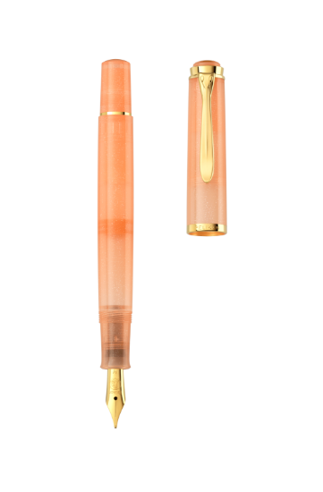 Poza cu STILOU CLASSIC M200 EDITIE SPECIALA APRICOT ACHAT, PENITA F DIN OTEL INOXIDABIL, PENITA SI ACCESORII PLACATE CU AUR 24K, CORP TRANSLUCID CULOARE CAISA + CALIMARA CERNEALA APRICOT ACHAT 50ML, IN CUTIE PENTRU CADOU