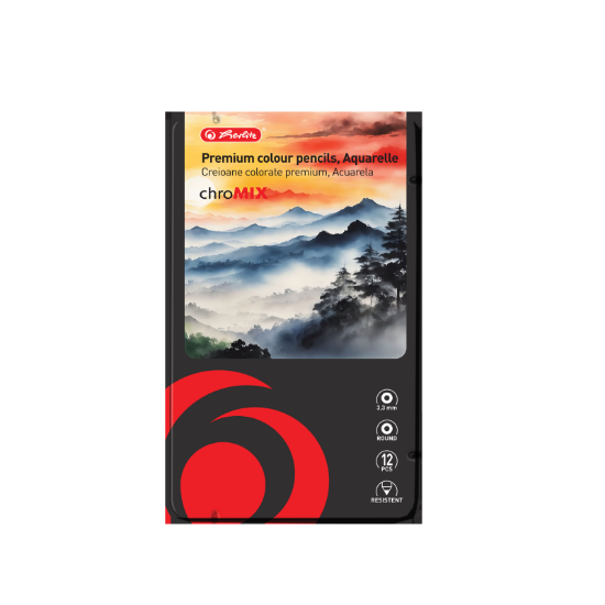 Poza cu CREIOANE COLORATE AQUARELLE ROTUNDE CORP NEGRU 3.3MM SET12+PENSULA CUTIE METAL