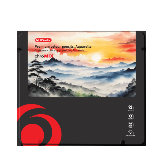 Poza cu CREIOANE COLORATE AQUARELLE ROTUNDE CORP NEGRU 3.3MM SET24+PENSULA CUTIE METAL
