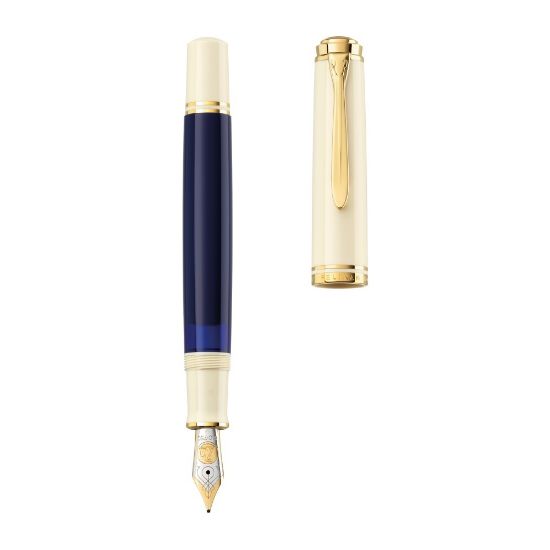 Poza cu STILOU SOUVERAN M800 M CREAM BLUE PENITA AUR 18K+ACCESORII PLACATE AUR ALB-ALBASTRU CUTIE CADOU
